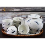 Bộ ấm trà vung phẳng phong cách Nhật Bản khay mây đan hoa văn vẽ tay